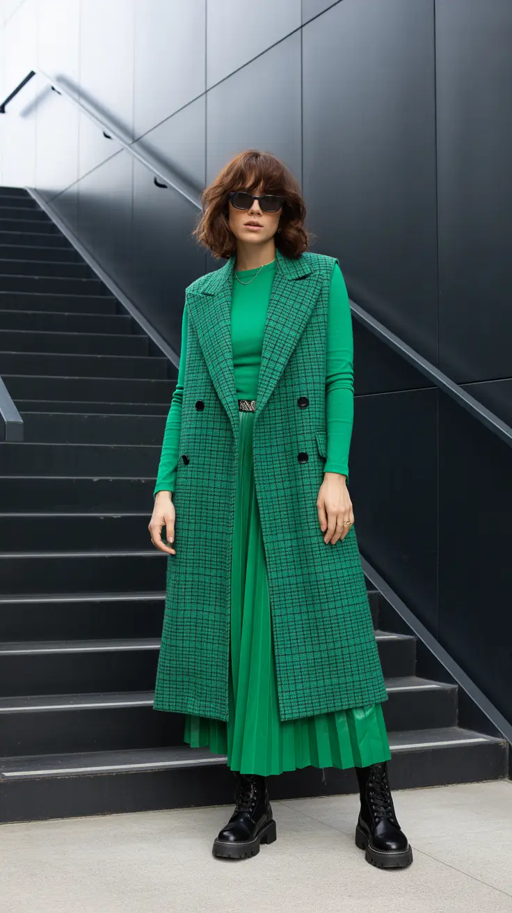 modest spring outfits 2026 Modern Green Layers with Edge