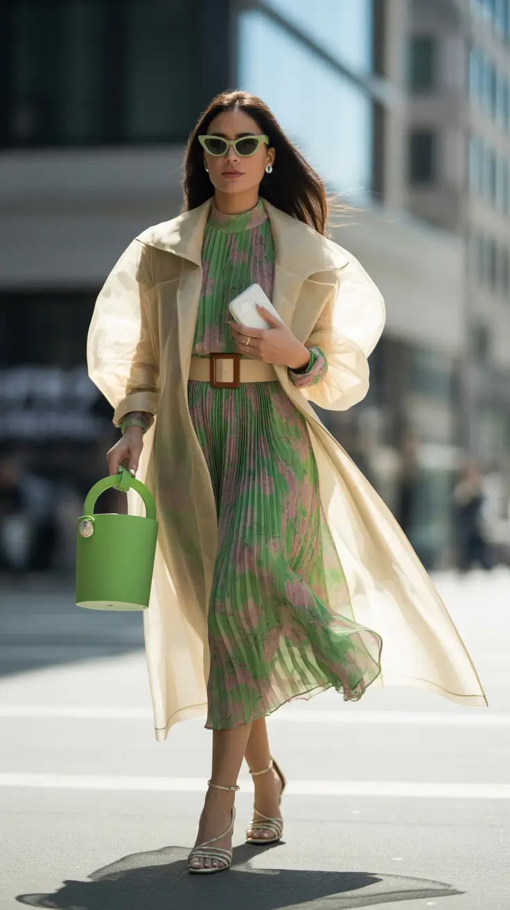 modest spring outfits 2026 Sheer Trench and Green Print Dress Energy