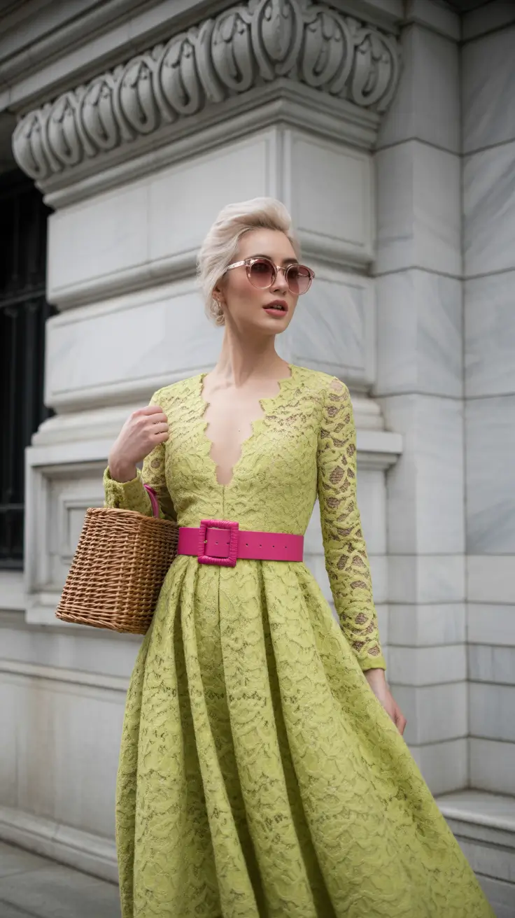 modest spring outfits 2026 Lime Lace Dress with Hot Pink Belt Pop