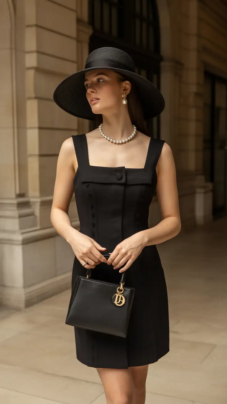 old money spring outfits 2026 Black Dress and Pearl Necklace Power Look