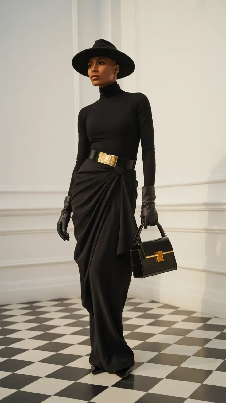 old money spring outfits 2026 All Black Draped Skirt Elegant Dramatic Style