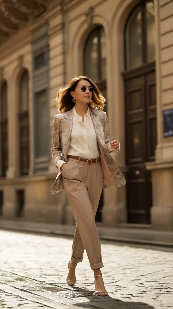 old money spring outfits 2026 Printed Blazer With Beige Trousers Modern Vintage