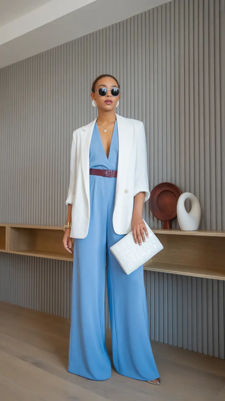 old money spring outfits 2026 Blue Jumpsuit and White Blazer Classy Formal