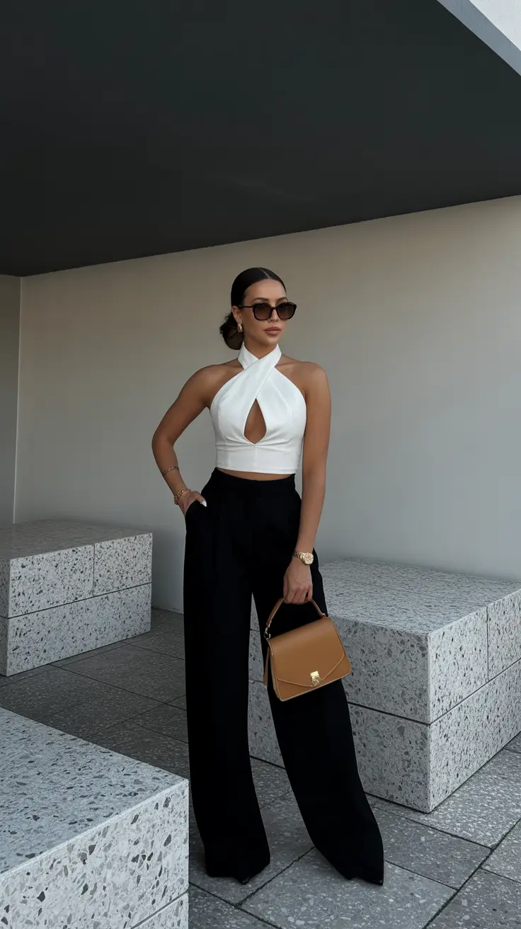 old money spring outfits 2026 White Halter Top With Black Trousers Minimal Chic