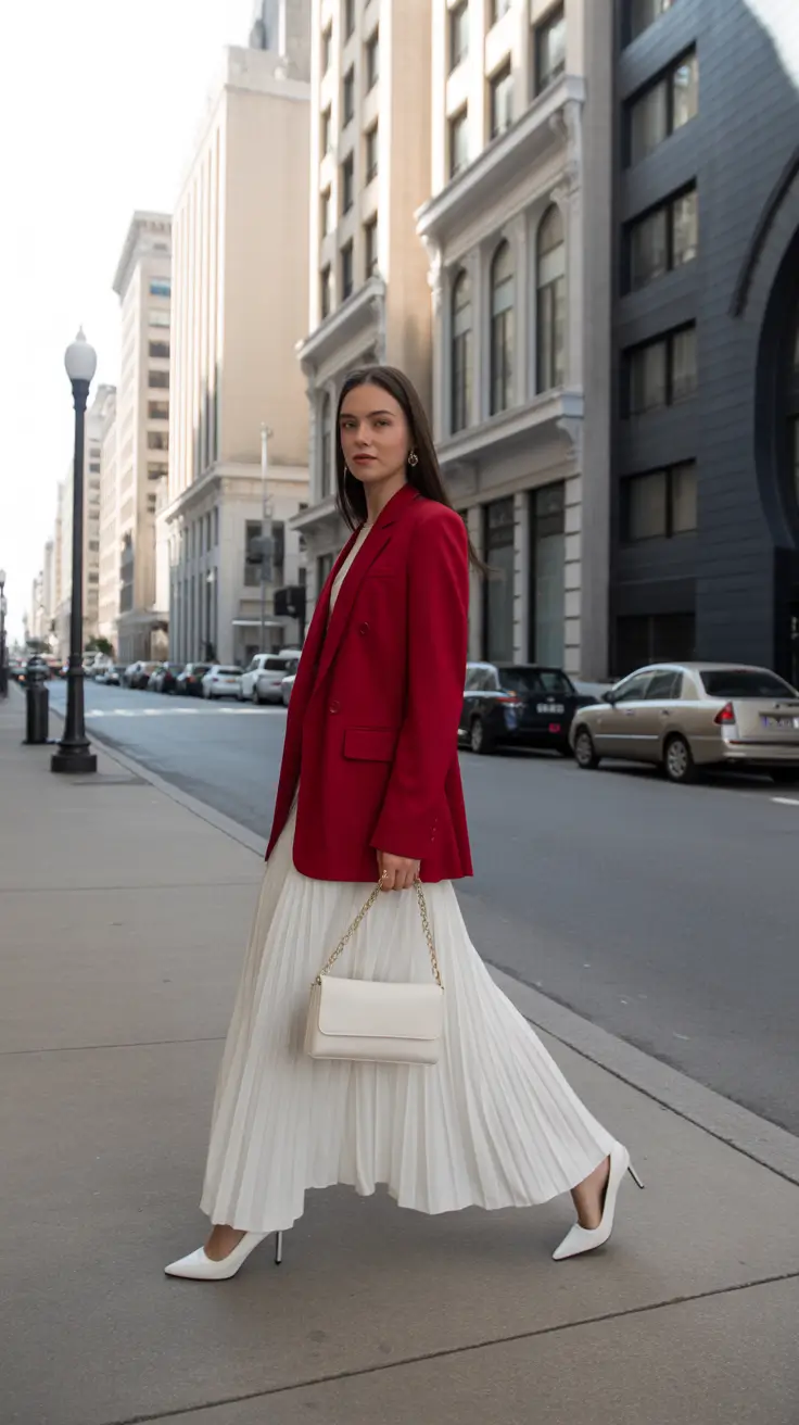 old money spring outfits 2026 Red Blazer and Pleated Skirt