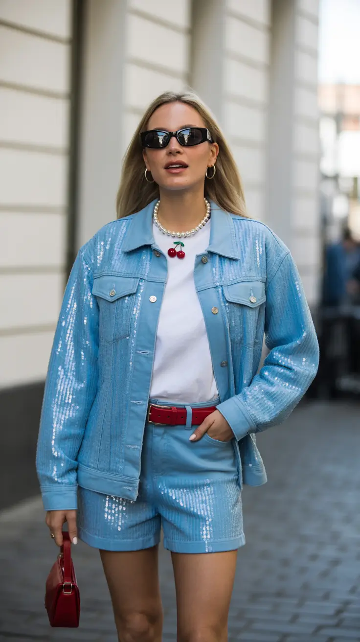 spring concert outfit ideas 2026 Sequin Denim Set for Casual Street Concert Style