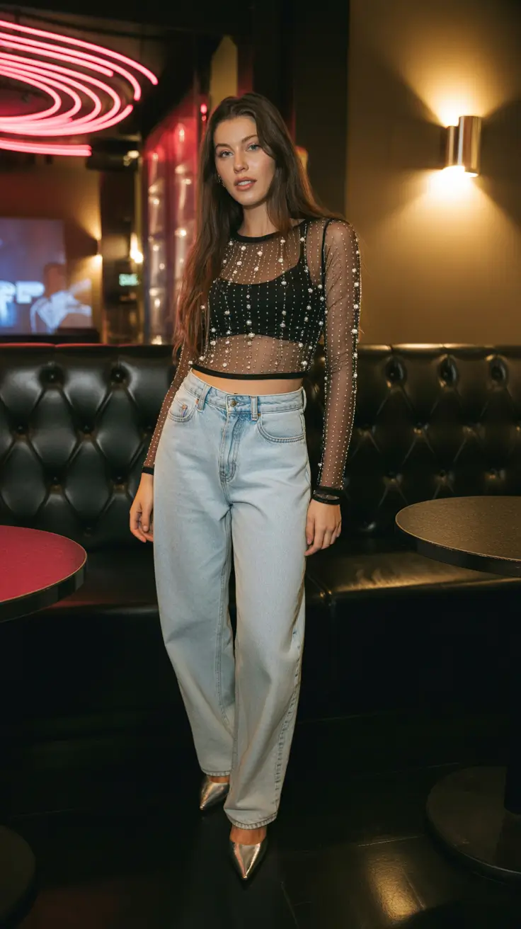 spring concert outfit ideas 2026 Sheer Sparkle Top and Jeans for Late Night Lounges