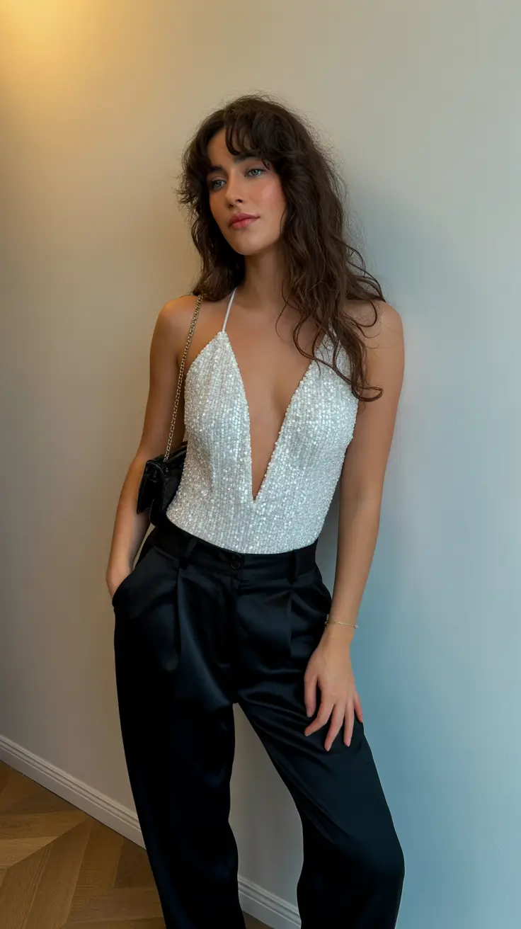 spring concert outfit ideas 2026 Silver Halter Top and Satin Pants for Chic Concert Evenings