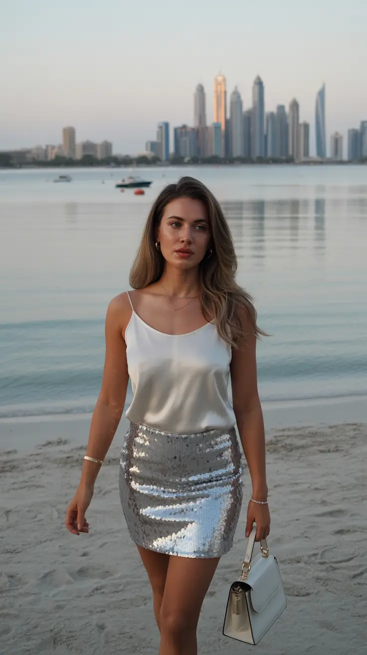 spring concert outfit ideas 2026 Sequin Mini Skirt and Satin Camisole for Beachside Nights