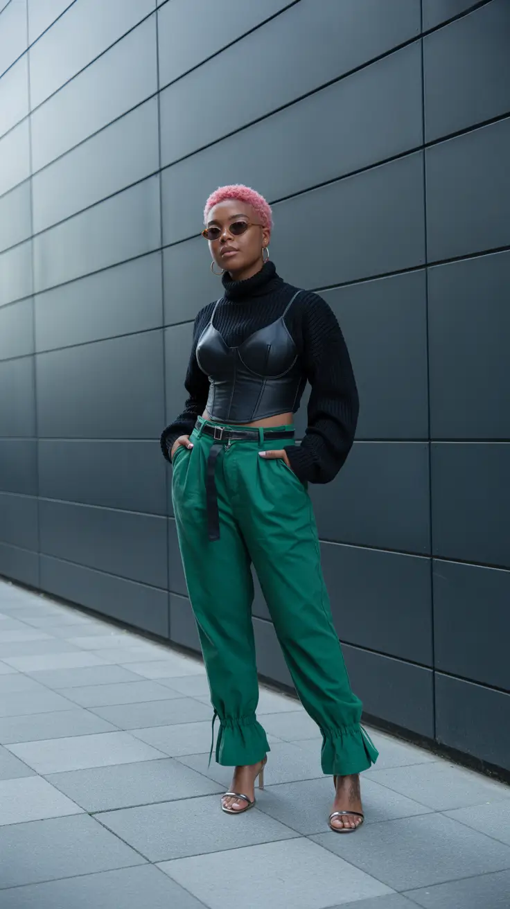 spring concert outfit ideas 2026 Leather Corset and Green Trousers for City Concert Nights
