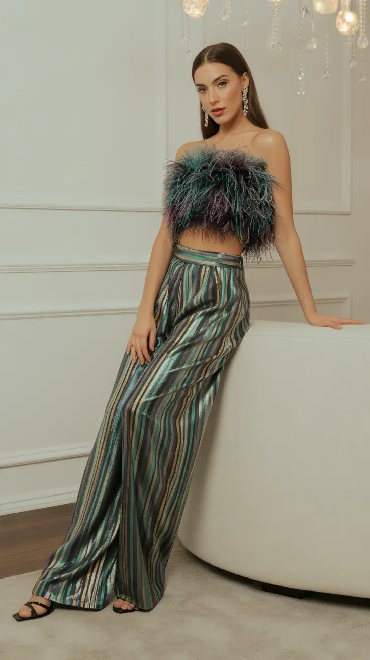 spring concert outfit ideas 2026 Feathered Top and Striped Metallic Pants for Glam Spring Shows