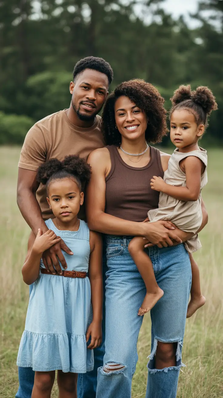 spring family pictures outfits 2026 Casual Denim and Brown Neutrals for a Real Life Spring Look