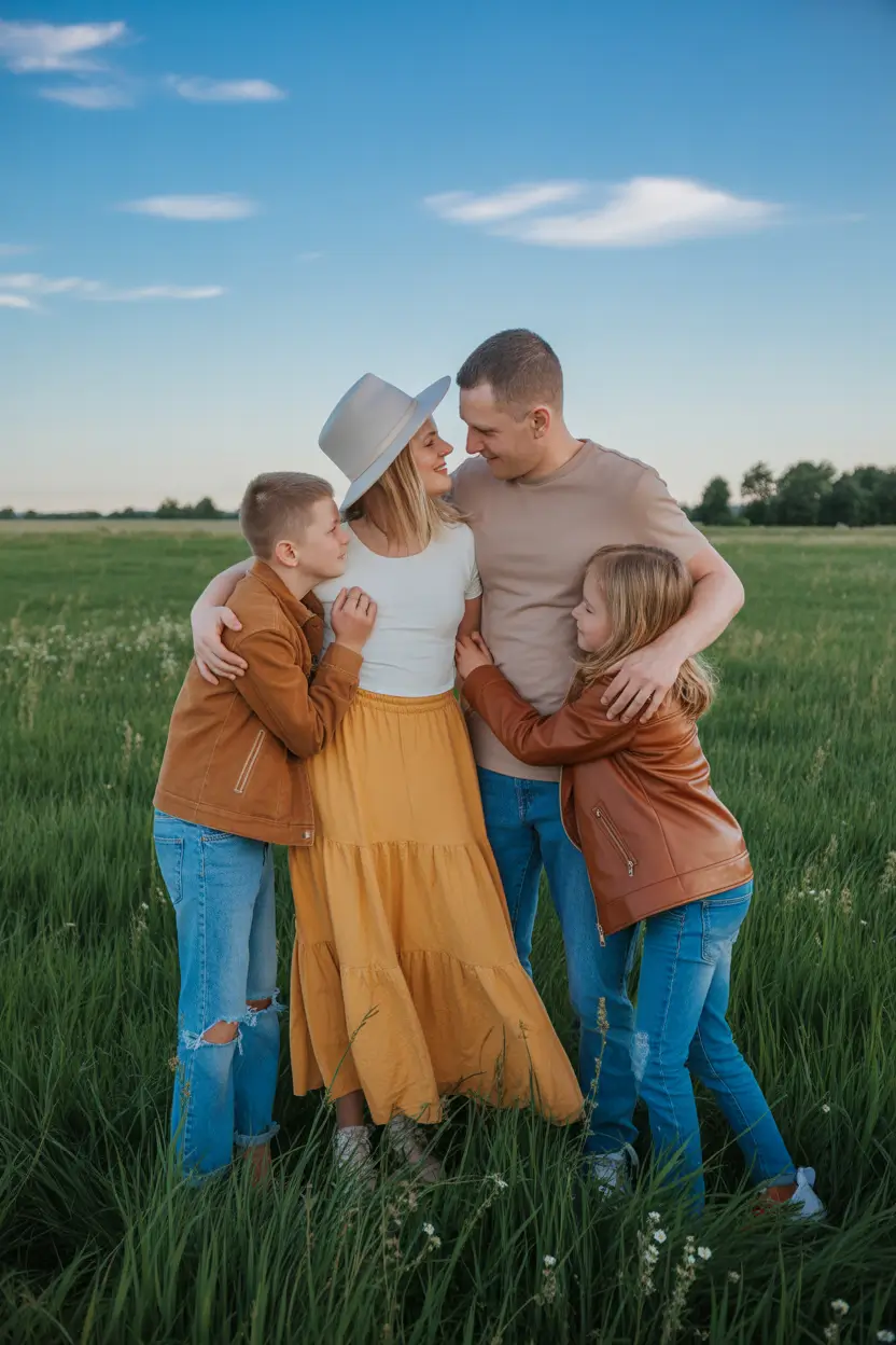 spring family pictures outfits 2026 Casual Denim and Yellow Skirt for Fresh Spring Energy
