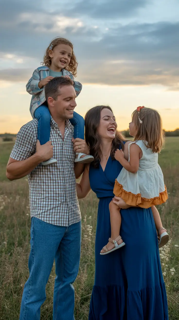 spring family pictures outfits 2026 Blue Dress and Soft Country Details for Sunset Photos