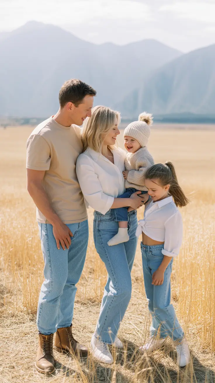 spring family pictures outfits 2026 Light Blue and Cream for Early Spring Freshness