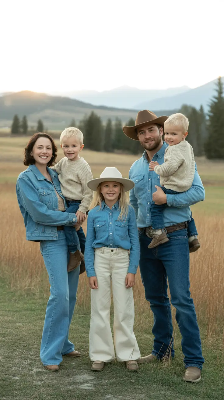 spring family pictures outfits 2026 Western Denim Mix with Light Neutrals