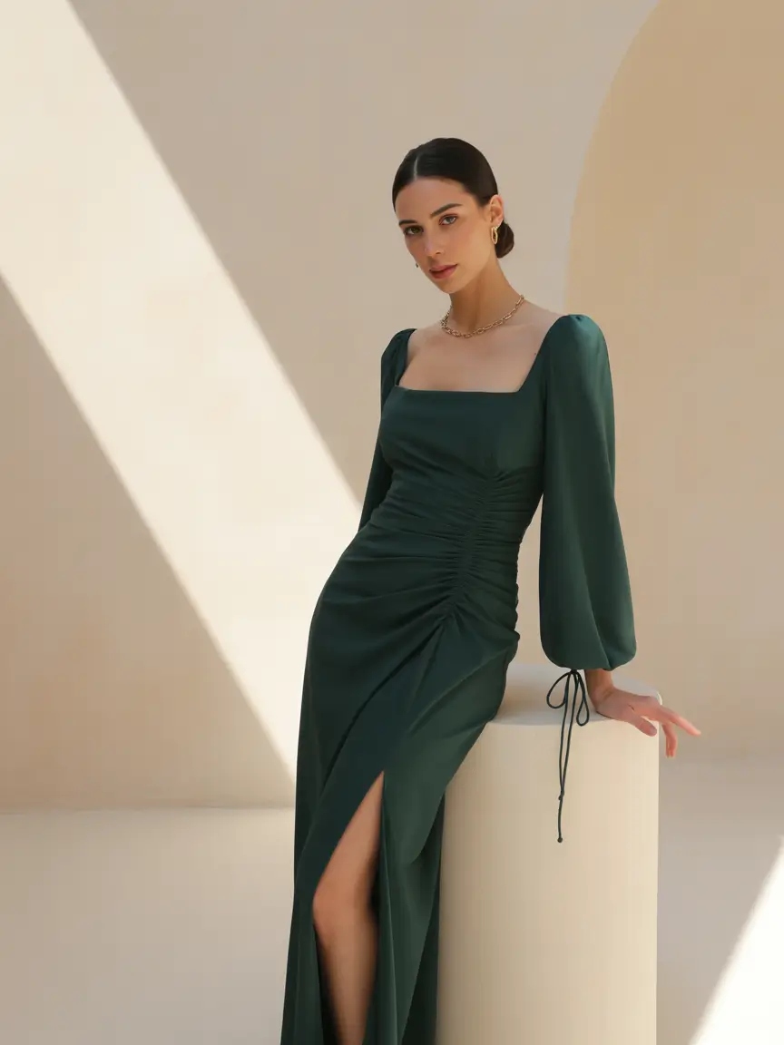 Spring formal outfits 2026 Deep Green Ruched Dress for an Elegant Evening Mood