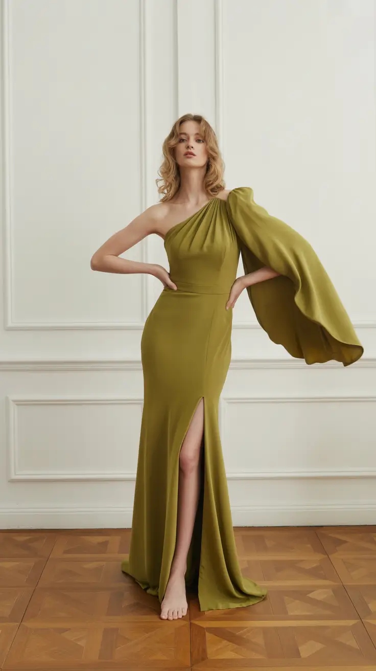 Spring formal outfits 2026 Olive One Shoulder Gown for Soft Dramatic Spring Style