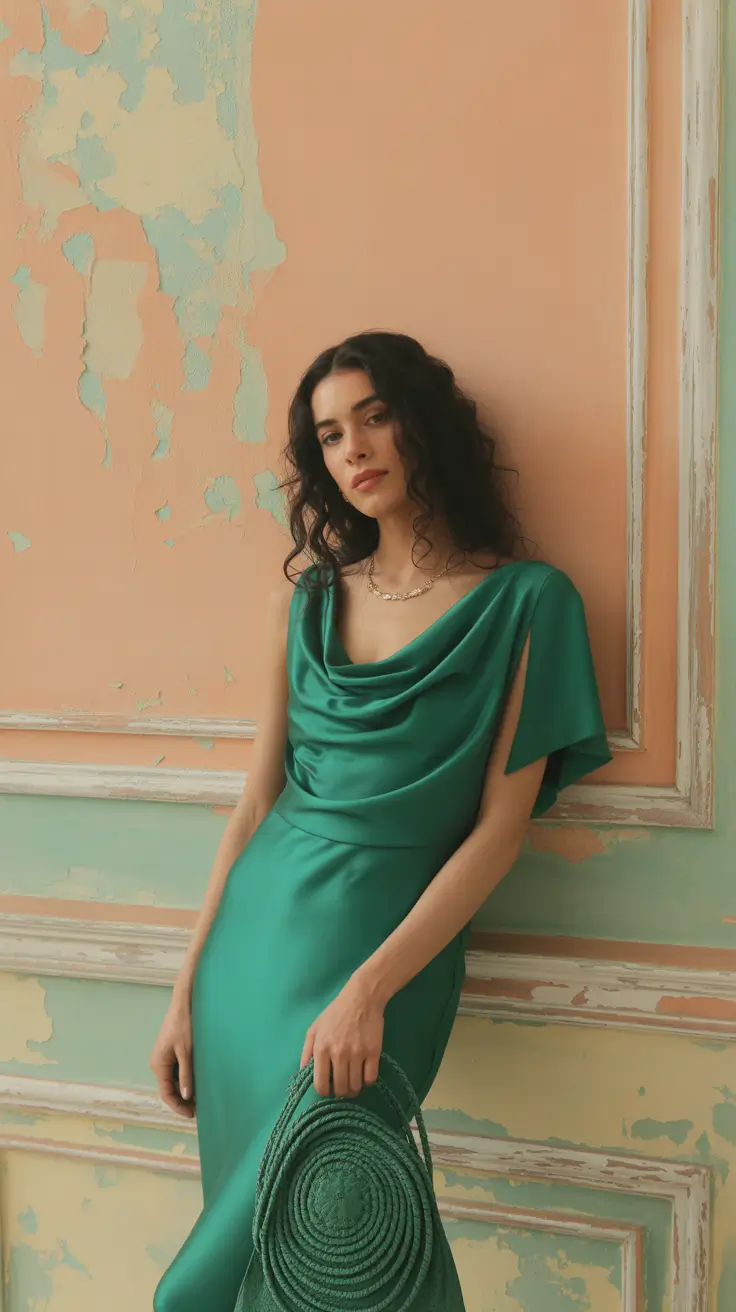 Spring formal outfits 2026 Emerald Draped Satin That Feels Soft and Cinematic