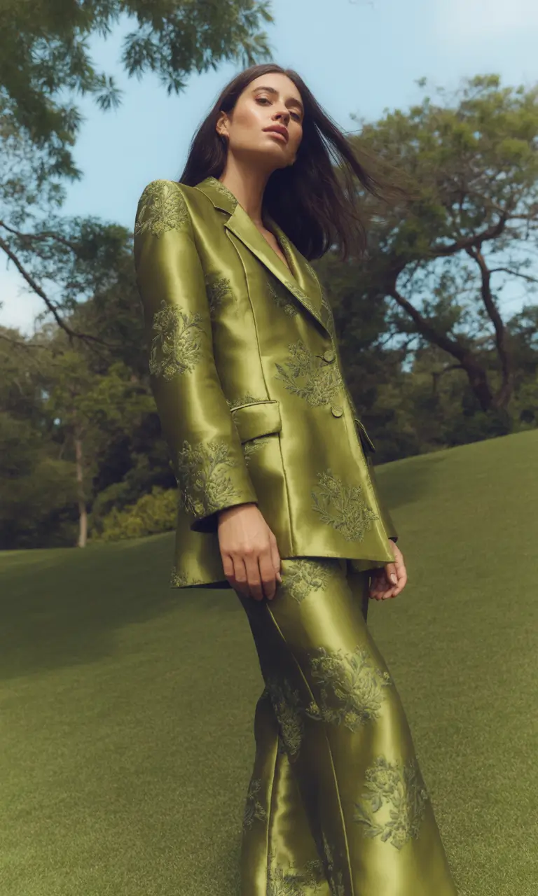 Spring formal outfits 2026 Olive Jacquard Suiting With a Power-Girl Twist