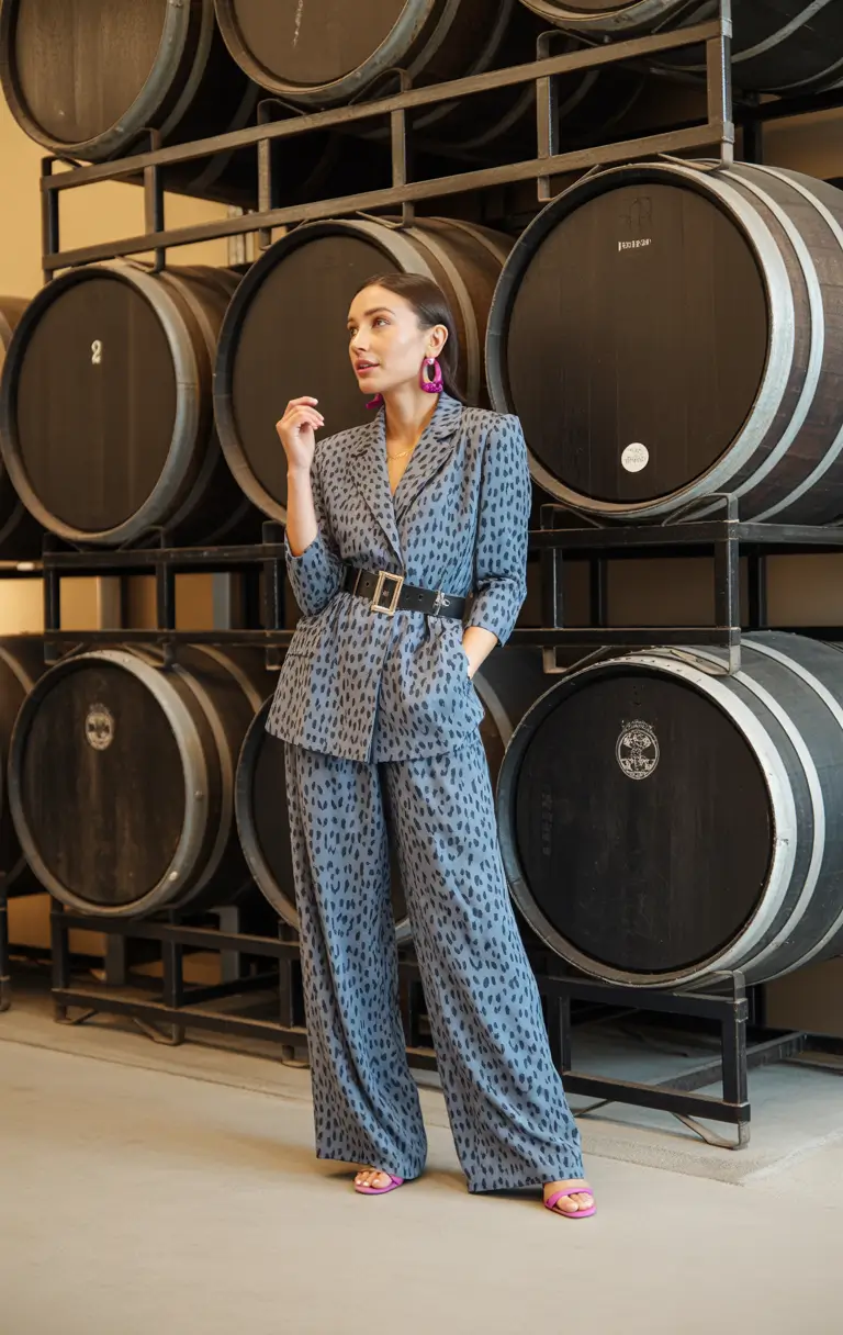 Spring formal outfits 2026 Printed Suit Set With a Belted Waist and Playful Confidence