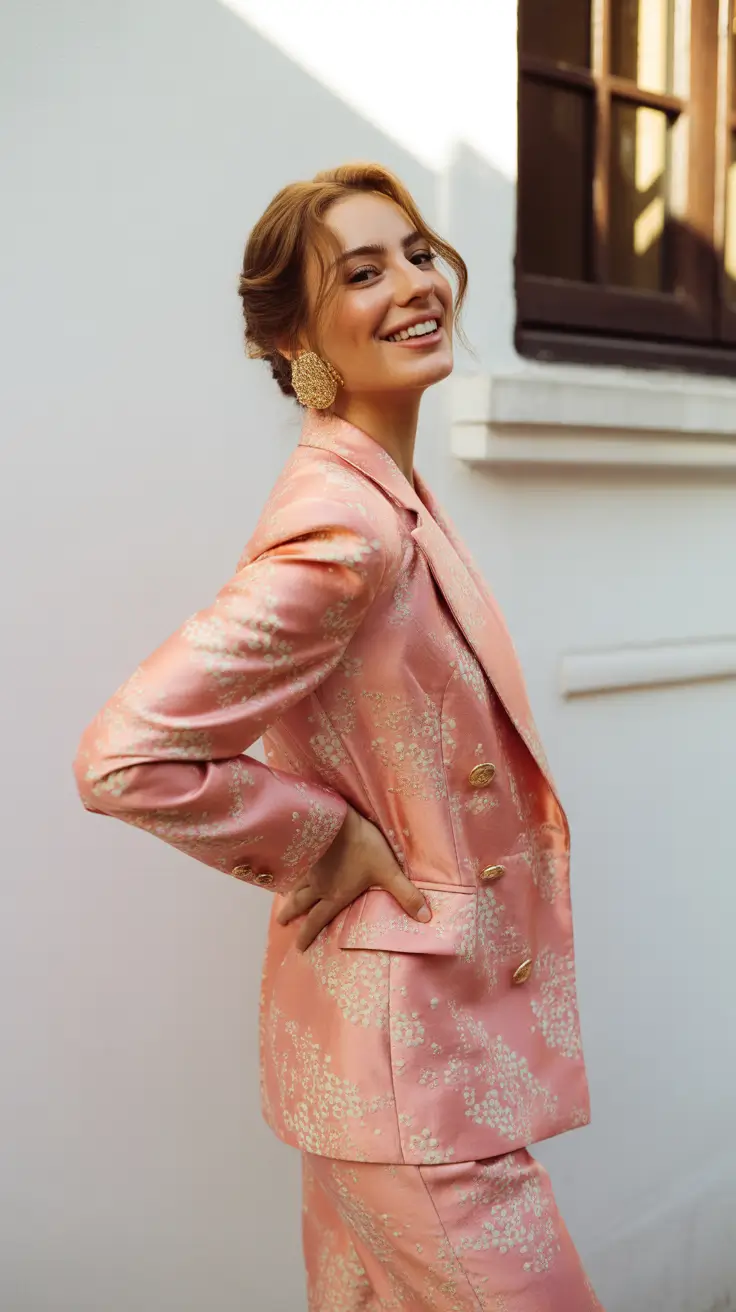 Spring formal outfits 2026 Blush Brocade Suiting That Feels Like Spring Champagne