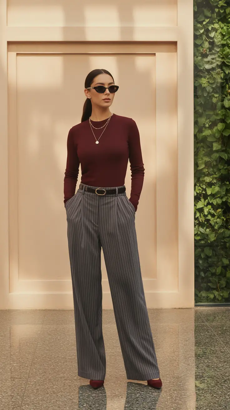 Spring formal outfits 2026 Burgundy Knit and Pinstripe Pants for Smart Spring Days
