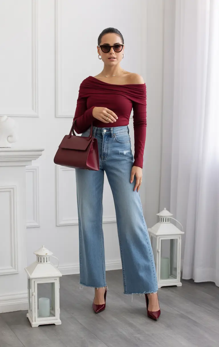 Spring formal outfits 2026 Off-Shoulder Top and Wide-Leg Denim Done Right