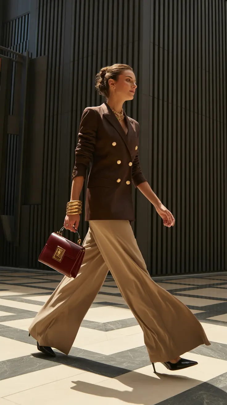 Spring formal outfits 2026 Chocolate Blazer and Flowing Trousers for City Evenings