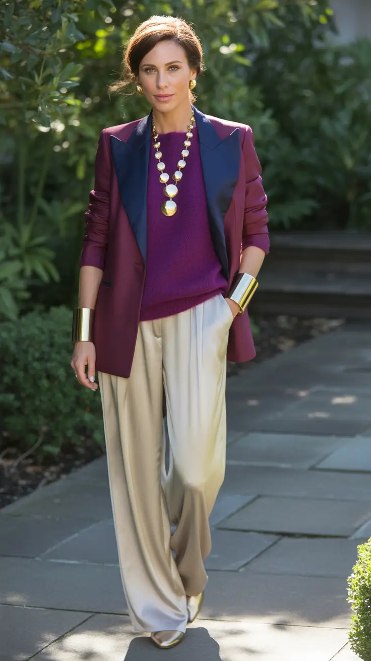 Spring formal outfits 2026 Plum Blazer Layers with Gold Statement Energy