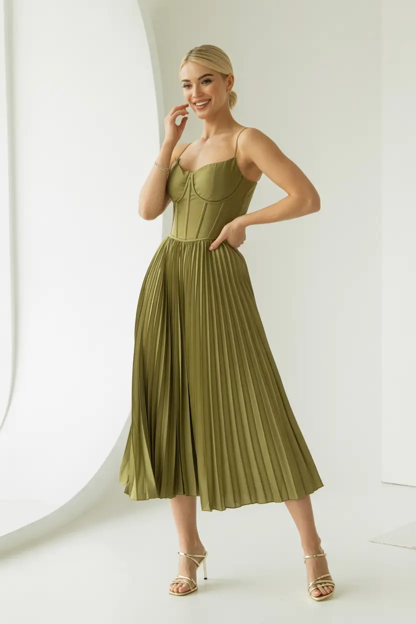 Spring formal outfits 2026 Olive Corset Midi With Pleats for Soft Spring Romance