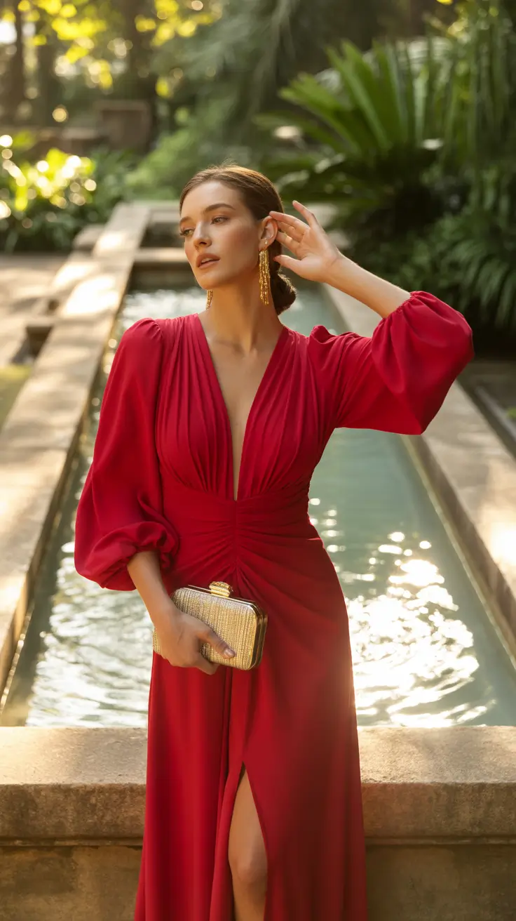 Spring formal outfits 2026 Red Draped Gown Energy for Spring Evenings