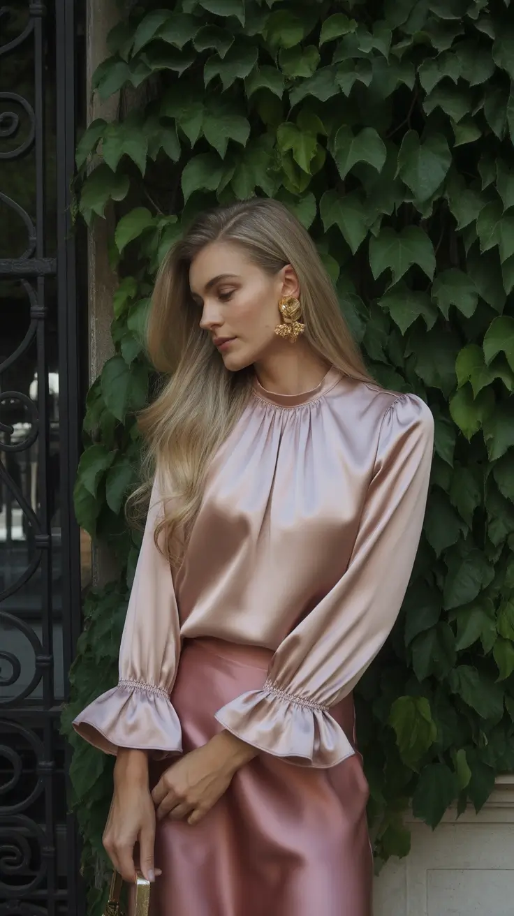 Spring formal outfits 2026 Champagne Satin Blouse With a Romantic Skirt Moment