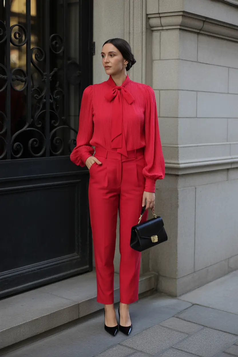 spring teacher outfits 2026 Red Blouse and Slim Pants for Bold Classroom Energy