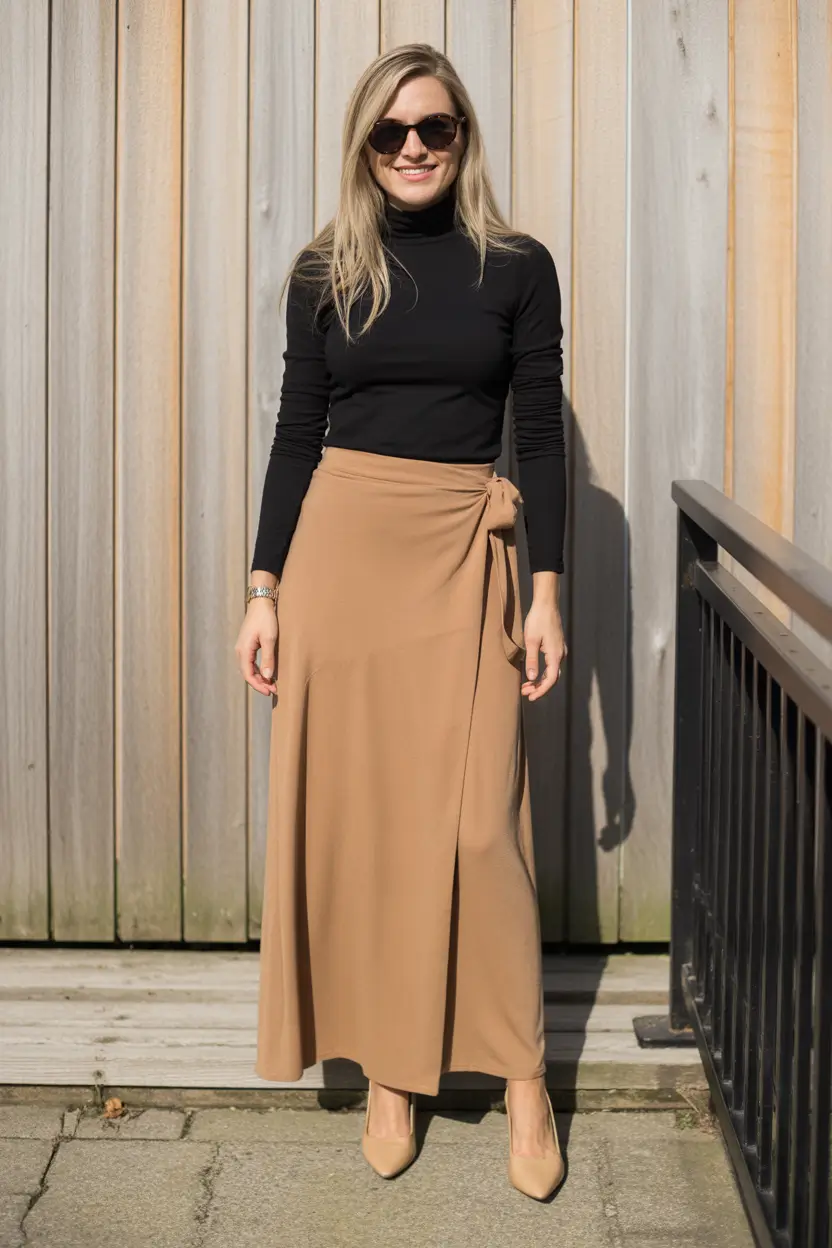 spring teacher outfits 2026 Casual Wrap Maxi Skirt with Sunglasses Chic