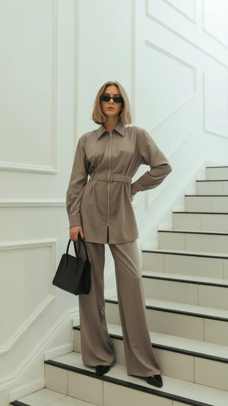 spring teacher outfits 2026 Monochrome Taupe Suit for Modern Minimal Days