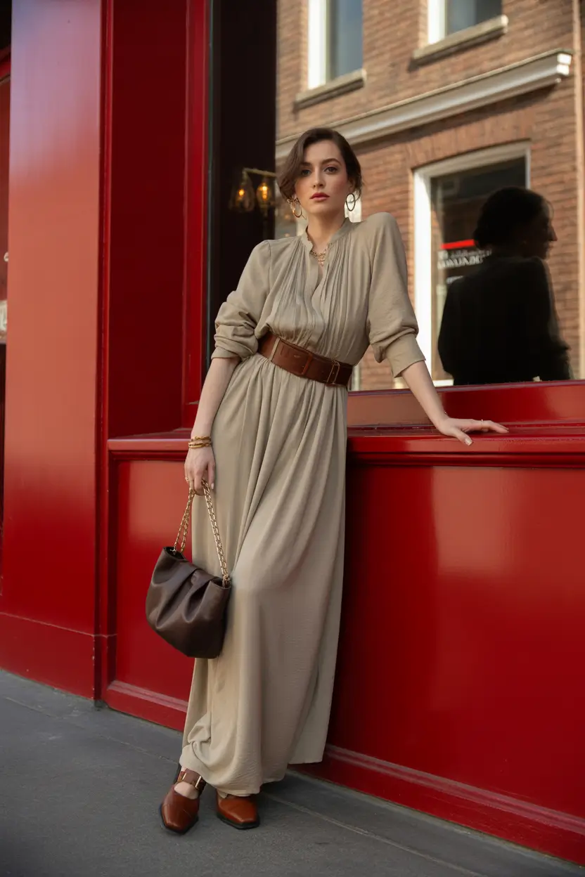 spring teacher outfits 2026 Soft Beige Dress with Belted Waist Romance