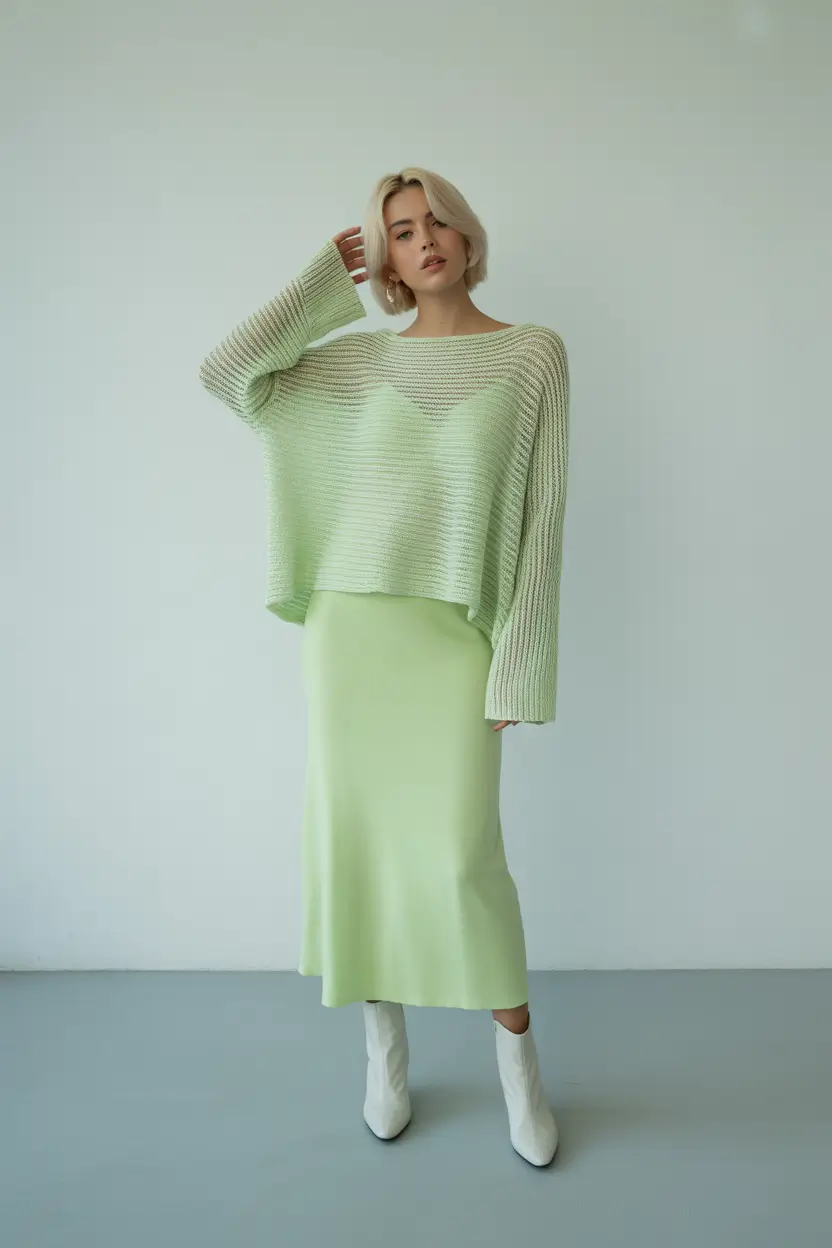 spring teacher outfits 2026 Mint Knit and Satin Skirt for Fresh Spring Color