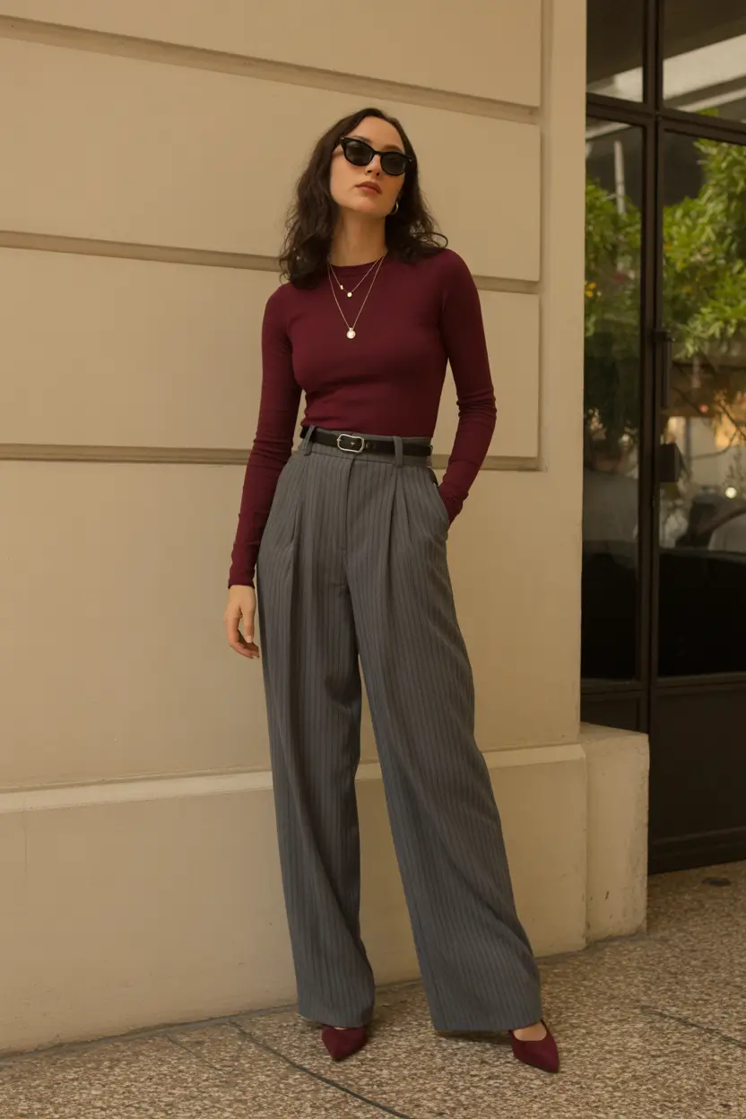 spring teacher outfits 2026 Burgundy Knit and Gray Trousers