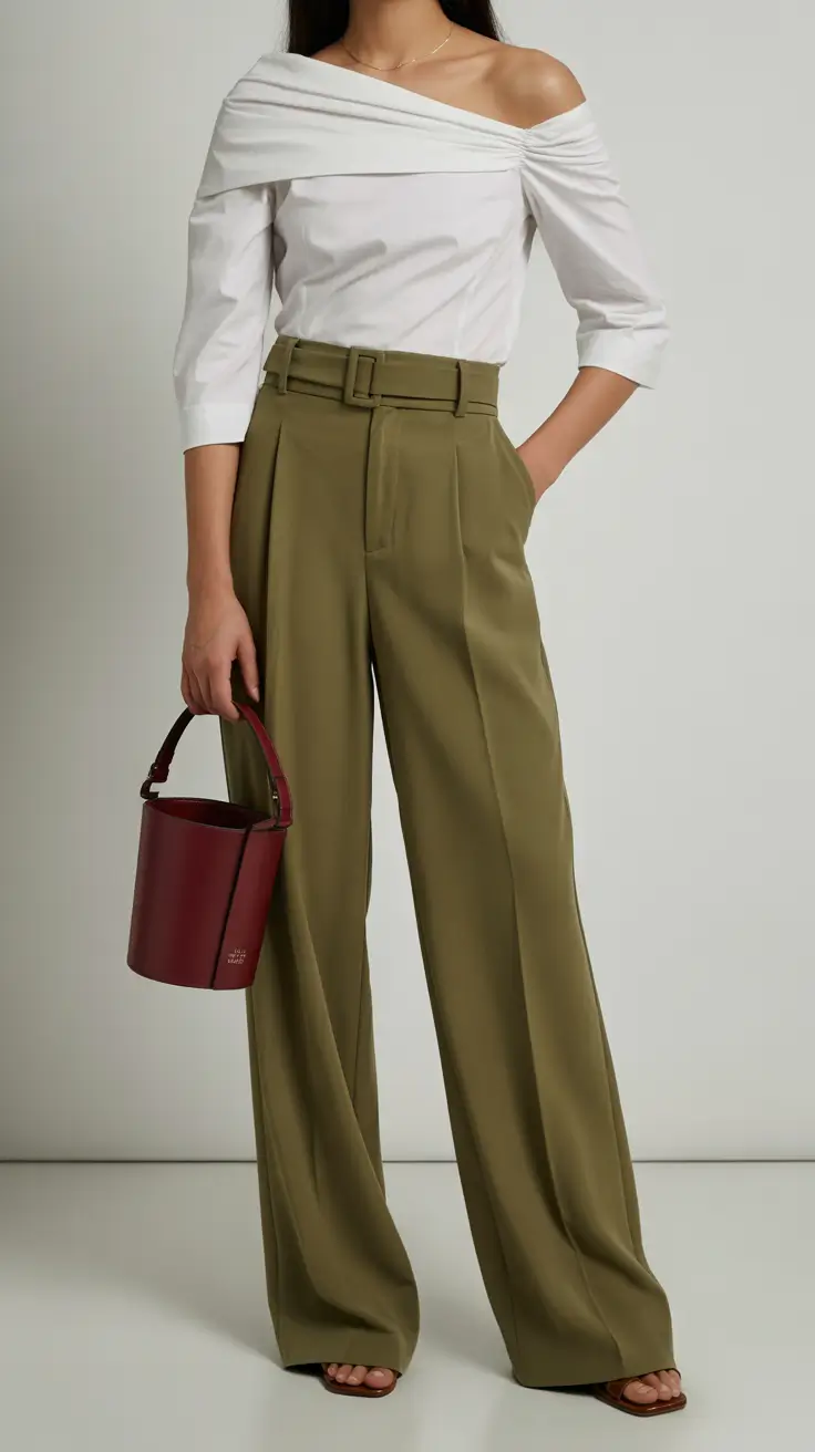 spring teacher outfits 2026 Off Shoulder White Top with Olive Wide Leg Pants