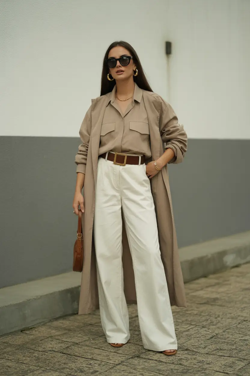 spring teacher outfits 2026 Neutral Trench Layers with Crisp White Pants