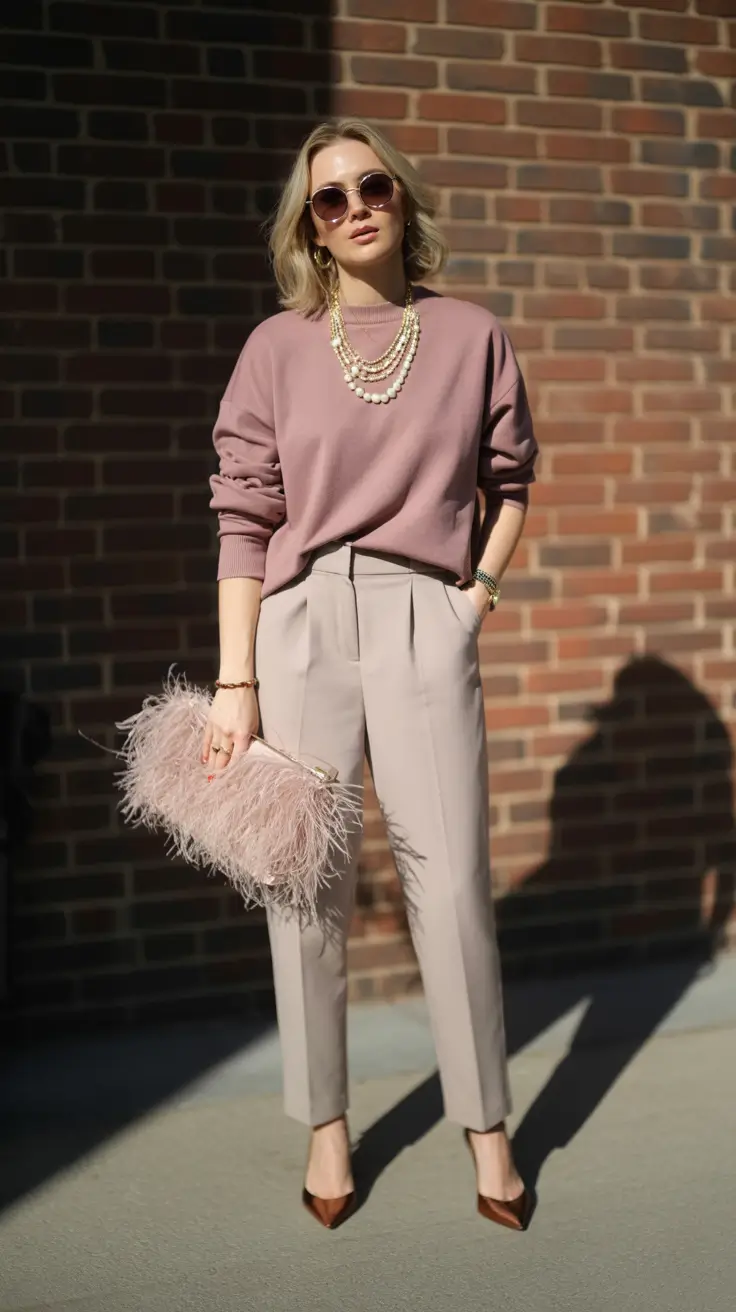 spring teacher outfits 2026 Mauve Sweater and Tailored Pants with Soft Glam Details