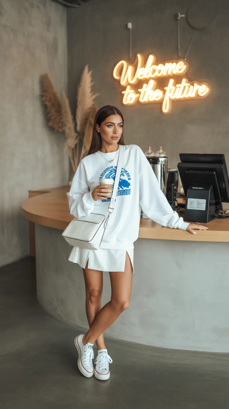 tennis skirt spring outfits 2026 White And Blue Coffee Run Uniform