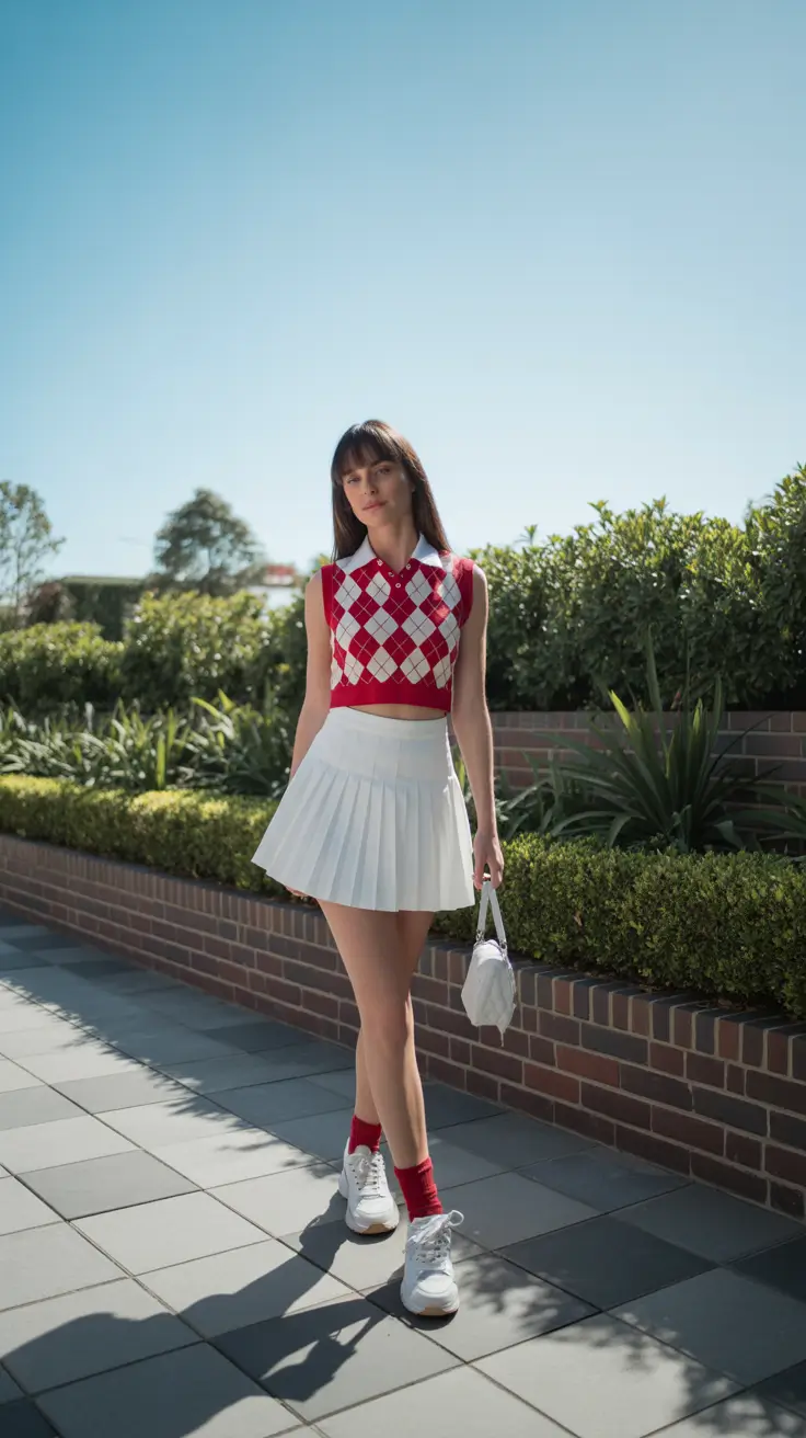 tennis skirt spring outfits 2026 Red Argyle Street Style Spring Moment