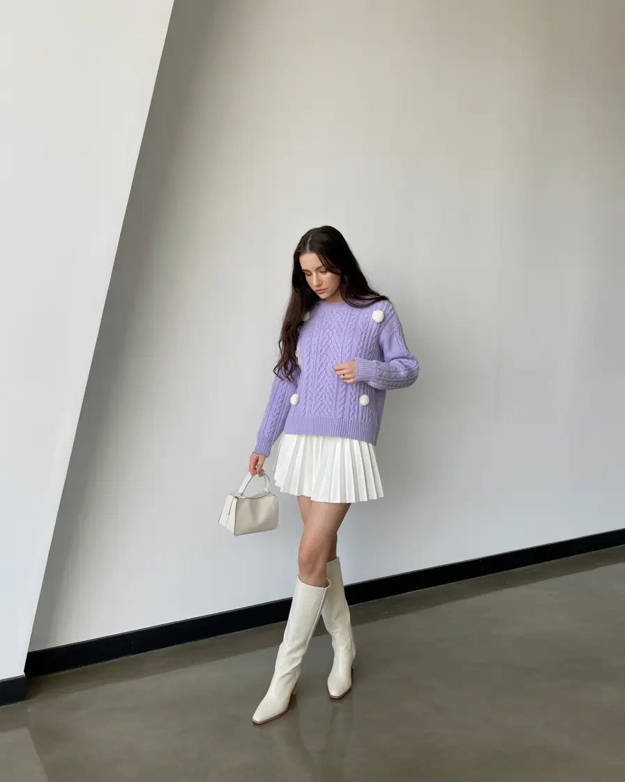 tennis skirt spring outfits 2026 Purple Knit With White Pleated Elegance