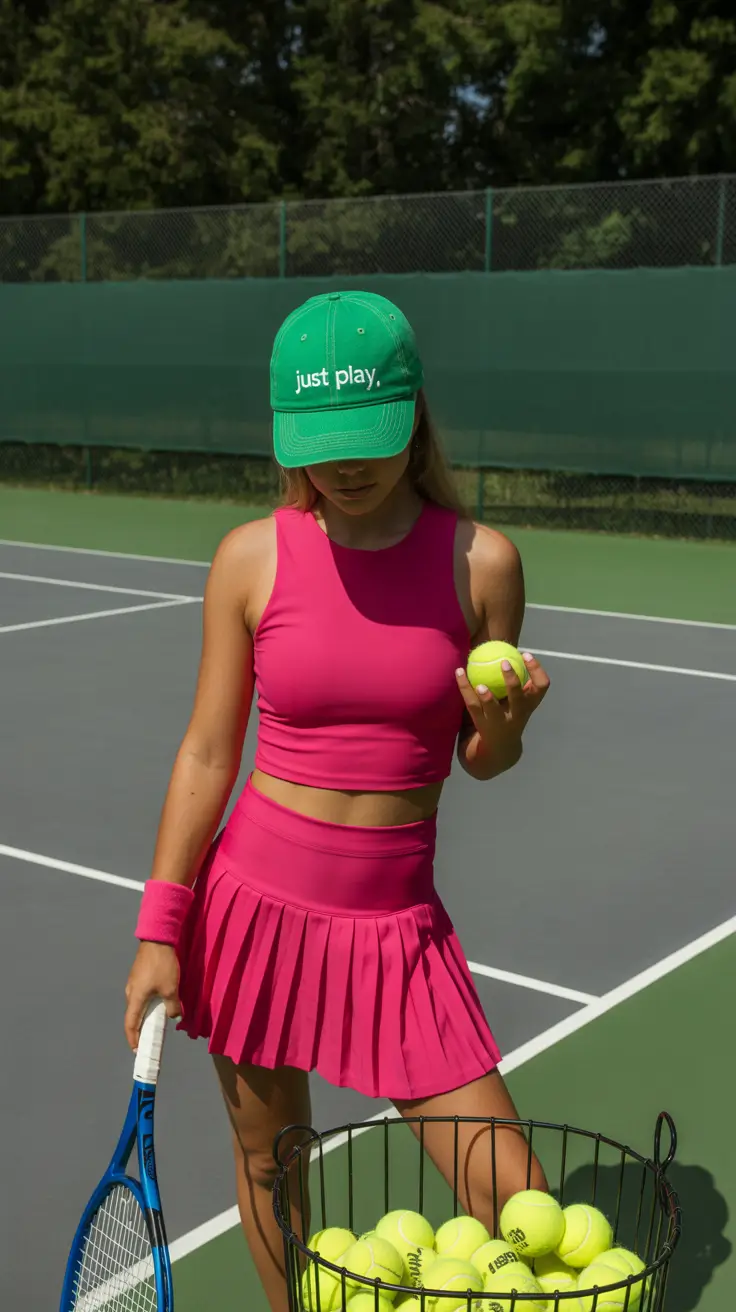 tennis skirt spring outfits 2026 Hot Pink Tennis Set With Green Contrast