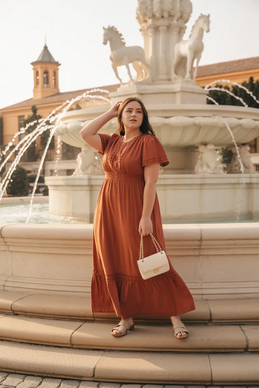 plus size spring outfits 2026 Rust Boho Maxi Dress for Warm Spring Days