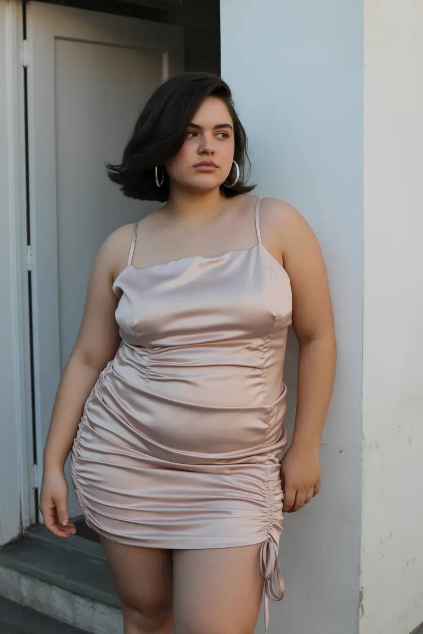 plus size spring outfits 2026 Satin Ruched Dress for Soft Glam Spring