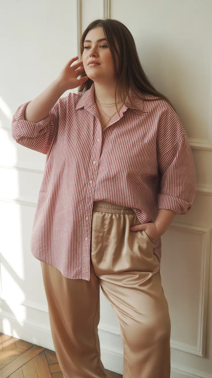 plus size spring outfits 2026 Polished Satin Pants And Oversized Shirt Energy