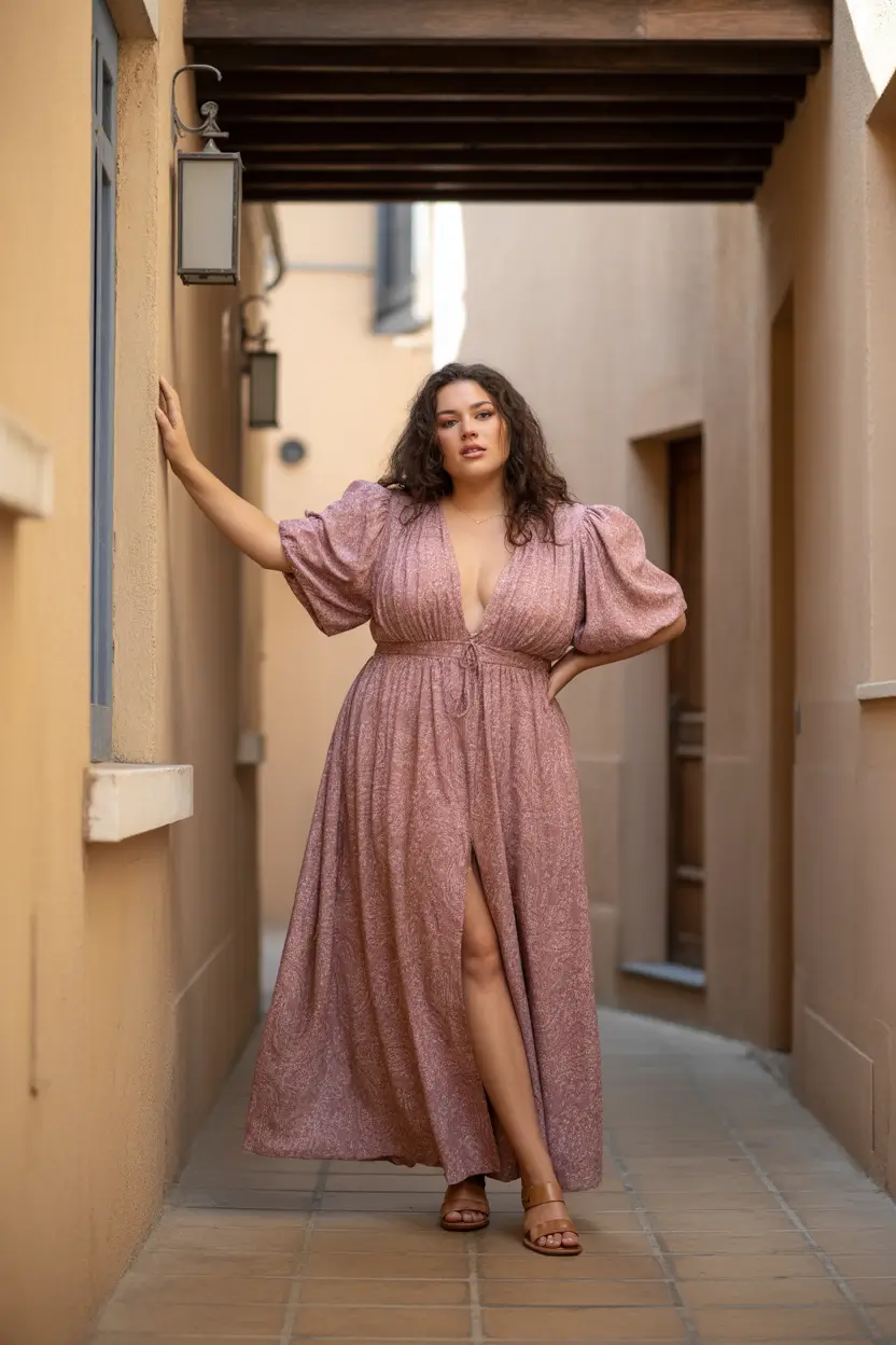plus size spring outfits 2026 Romantic Puff Sleeve Dress for Spring Nights